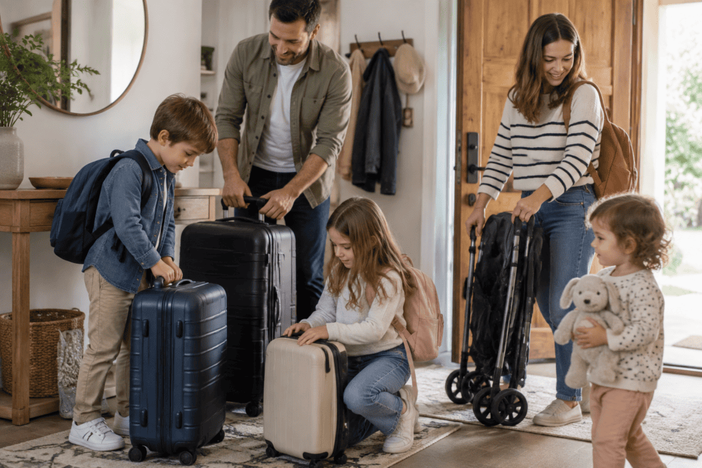 Des adultes et des enfants organisent des valises et une poussette dans une entrée.