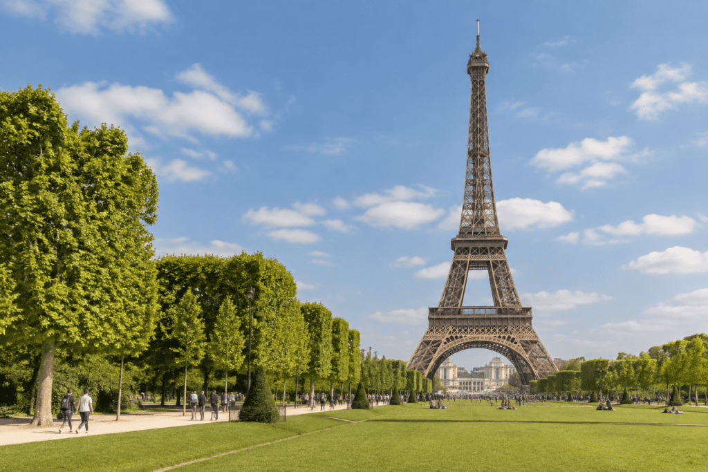 La tour Eiffel se dresse au-dessus des pelouses et des allées arborées du Champ-de-Mars, sous un ciel bleu.