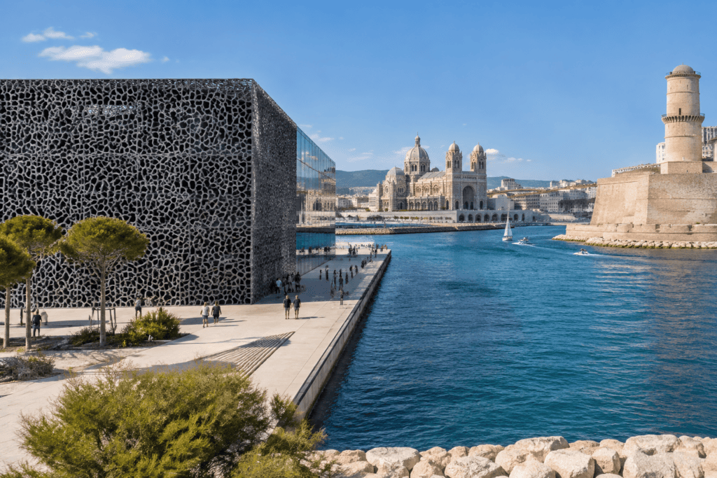 La façade ajourée du Mucem au bord de l’eau, sur l’esplanade J4 à Marseille.