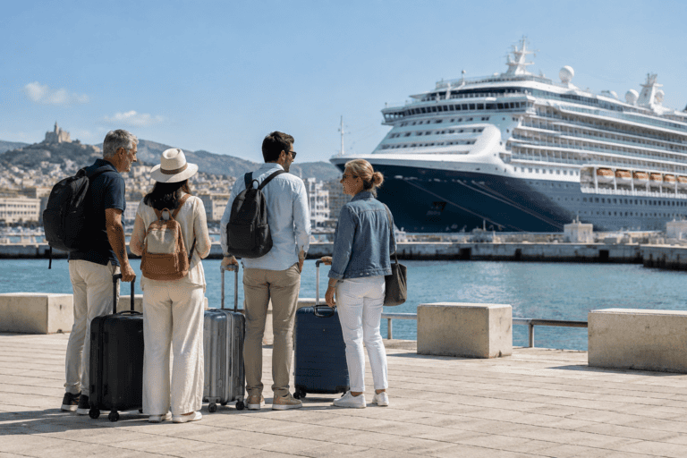 Quatre voyageurs avec des valises sur un quai, face à un grand navire de croisière.