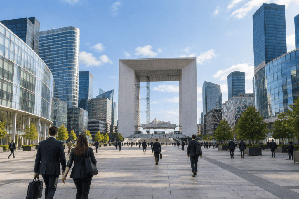 Des piétons traversent l’esplanade de La Défense, entourée de tours et orientée vers la Grande Arche.
