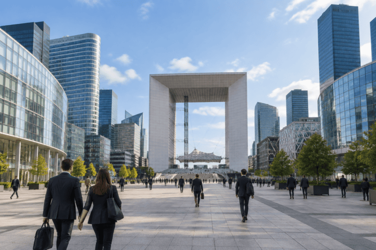 Des piétons traversent l’esplanade de La Défense, entourée de tours et orientée vers la Grande Arche.