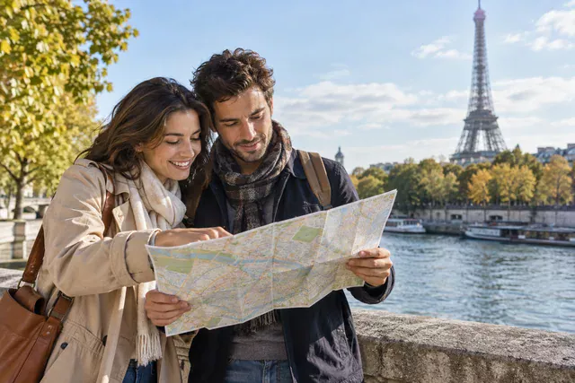 Des voyageurs consultent une carte de Paris près de la Seine
