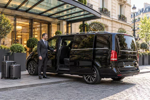 Un chauffeur près d’un van devant un hôtel