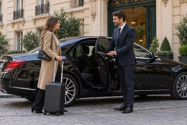 Un chauffeur accueille une passagère près d’une berline à Paris