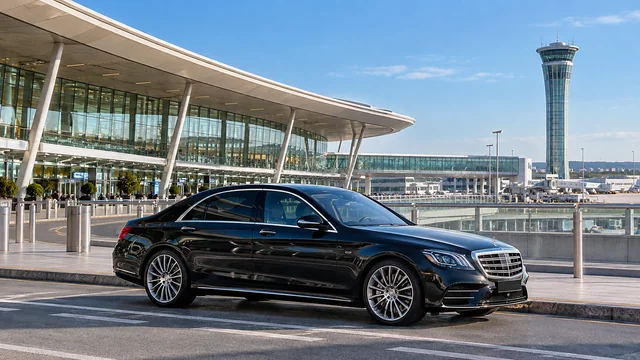 Illustration d’une berline avec chauffeur devant un terminal d’aéroport