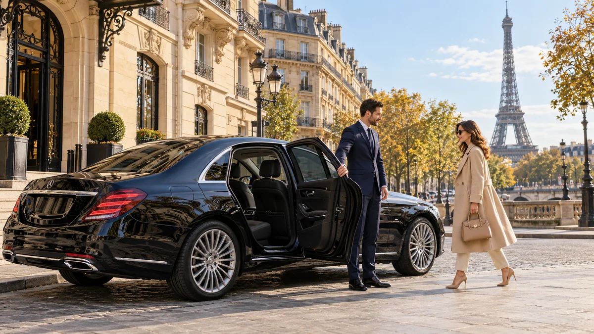 Chauffeur privé accueillant une cliente devant une berline à Paris