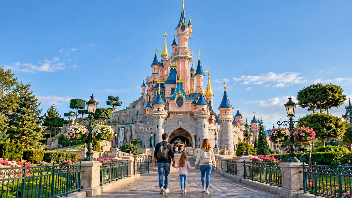 Famille devant le château de Disneyland Paris