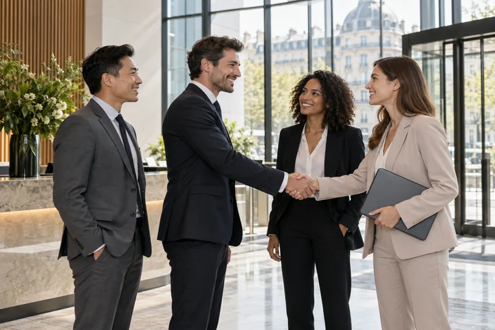 Des professionnels se retrouvent dans le hall d’une entreprise