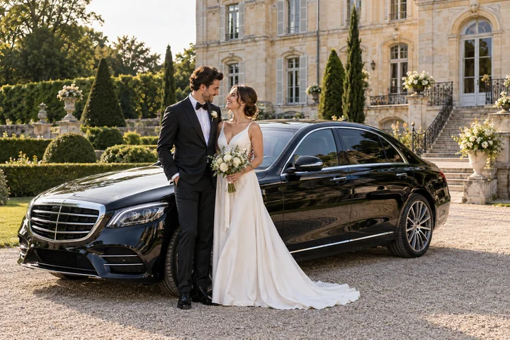 Couple de mariés près d’une berline avec chauffeur