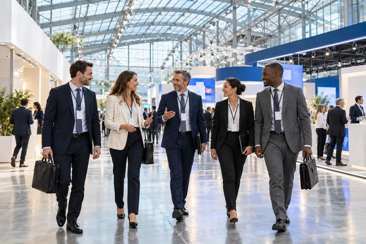 Des participants à leur arrivée dans un centre de congrès