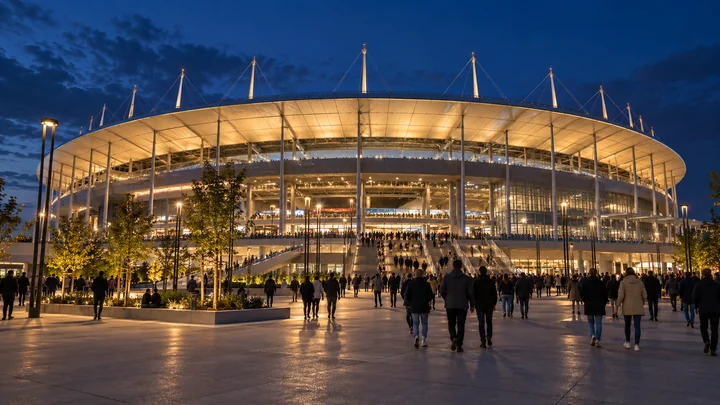 Illustration d’un stade illuminé à l’arrivée des spectateurs