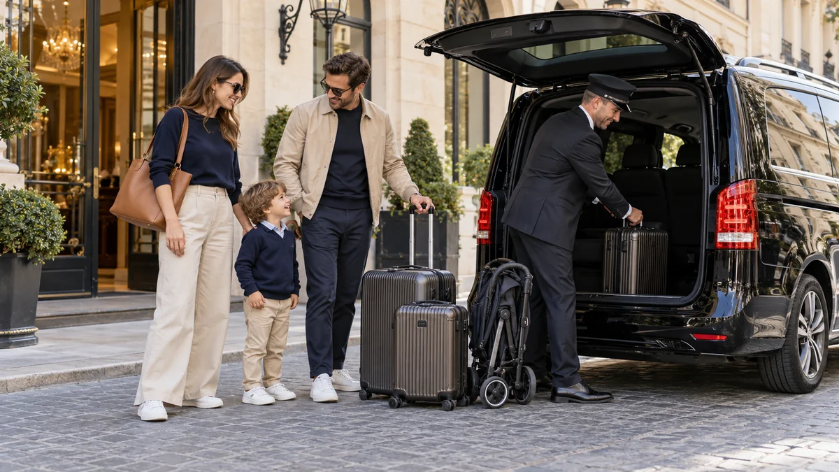 Illustration d'une famille avec ses valises près d'un van avec chauffeur