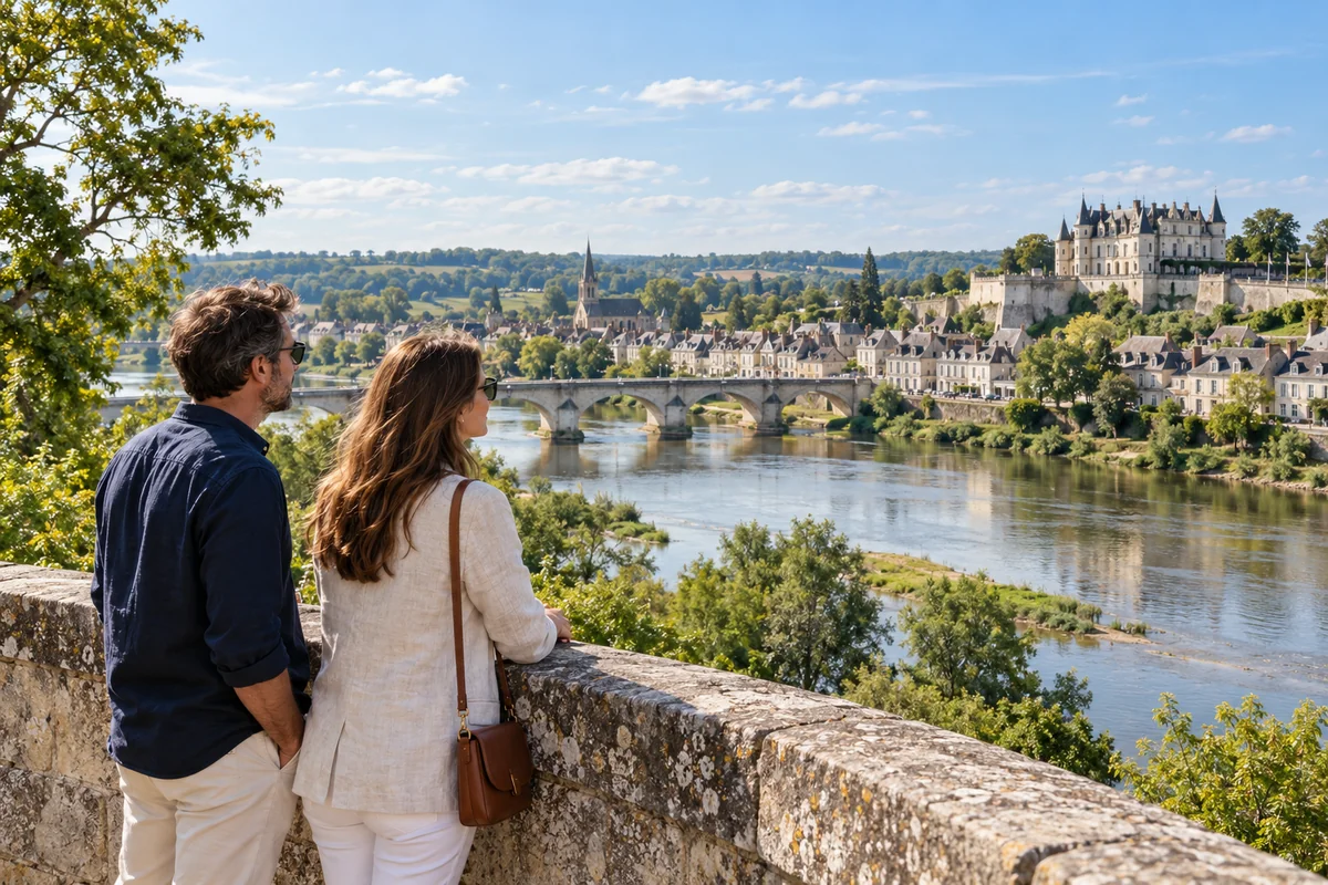 Illustration de voyageurs découvrant la vallée de la Loire depuis une terrasse