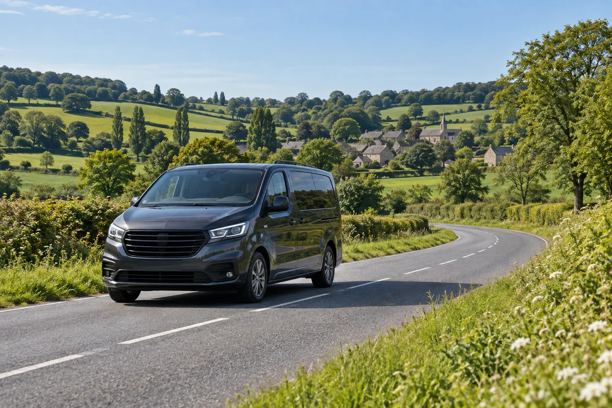 Illustration d’un van privé sur une route vallonnée de Normandie