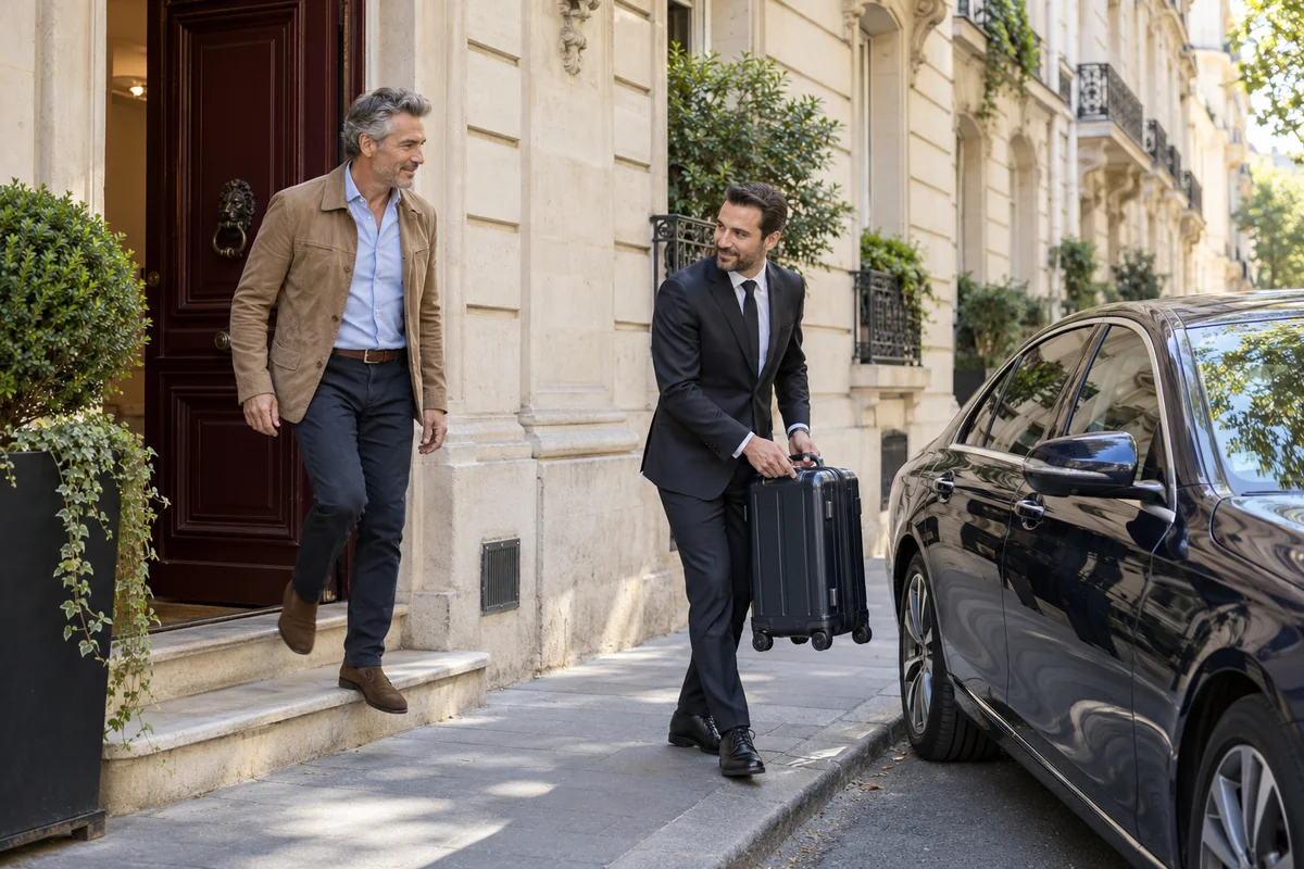 Illustration d’un chauffeur aidant un voyageur devant une entrée parisienne
