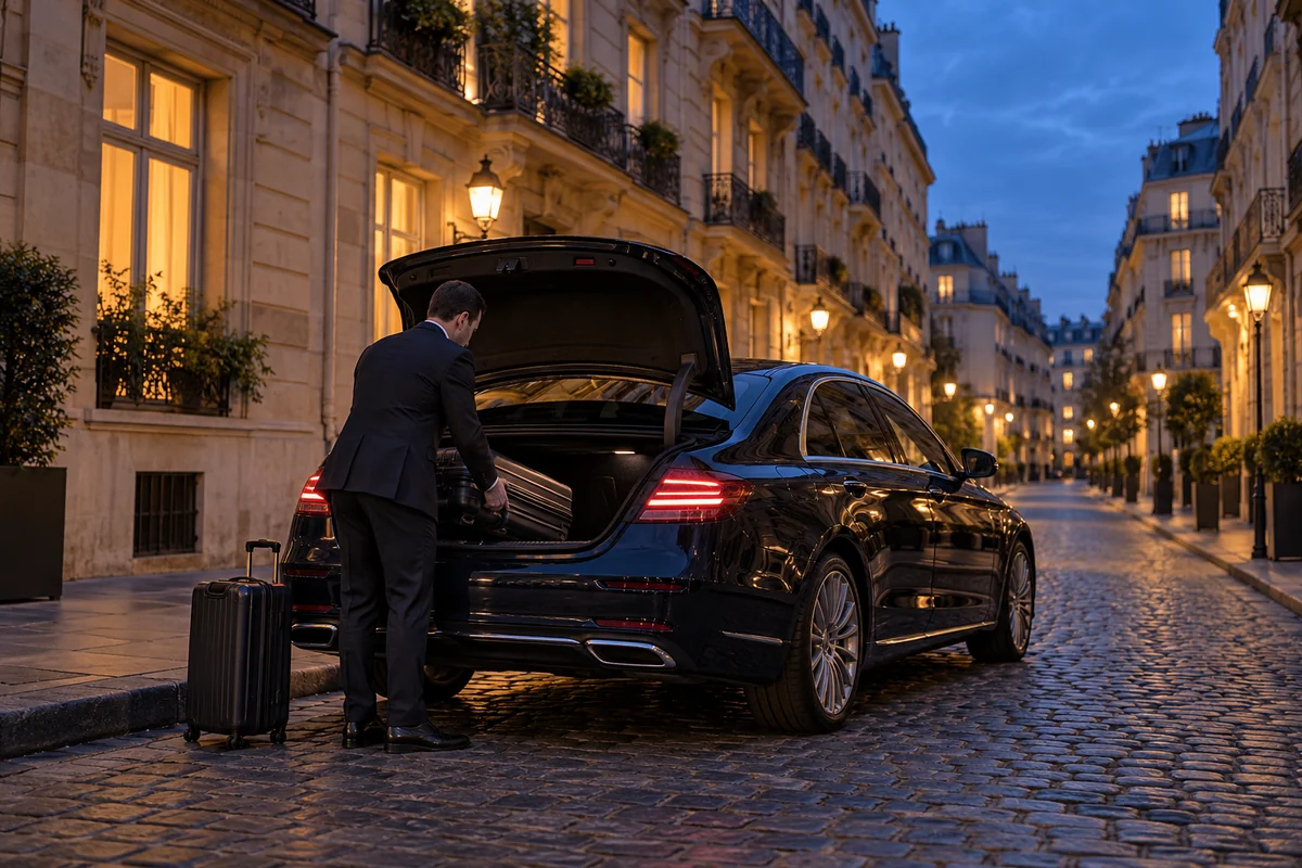 Illustration d’une berline avec ses bagages dans une rue parisienne à l’heure bleue