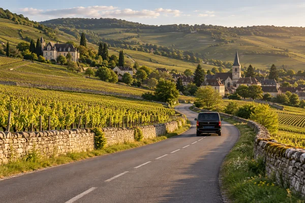 Un van sur une route traversant les vignobles de Bourgogne