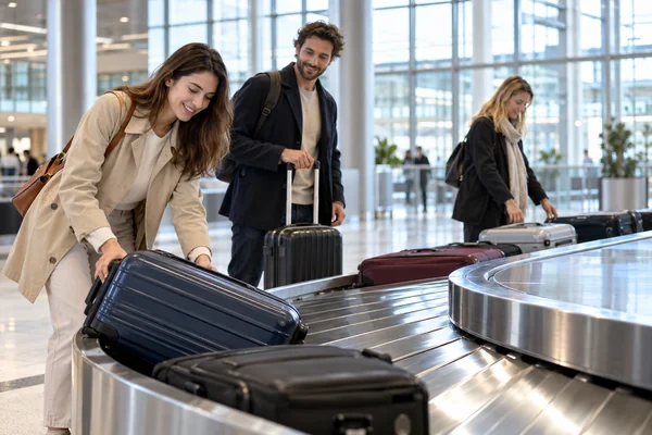 Des voyageurs récupèrent leurs bagages à l’aéroport