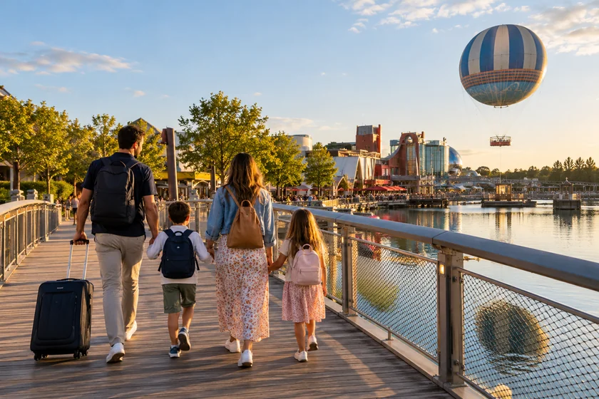 Illustration des abords du lac de Disney Village et de son ballon captif