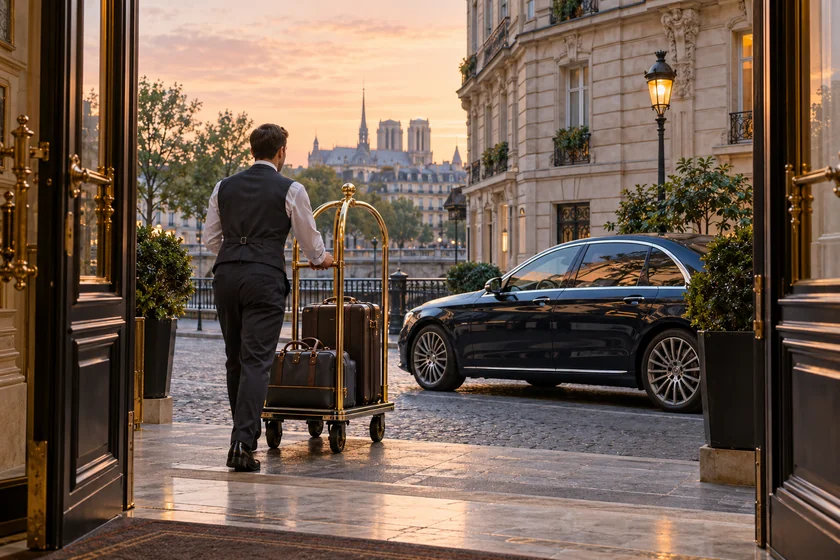 Illustration d’une berline à l’entrée d’un hôtel parisien