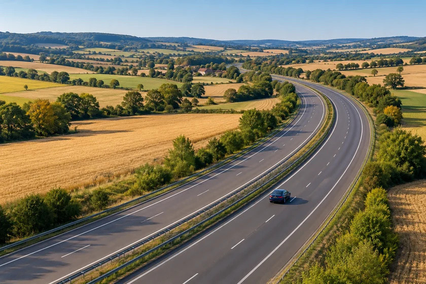 Illustration d’une berline sur une route à travers la campagne française