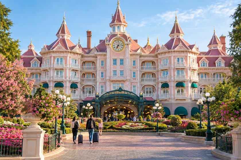 Illustration de l’entrée du Disneyland Hotel et de ses jardins