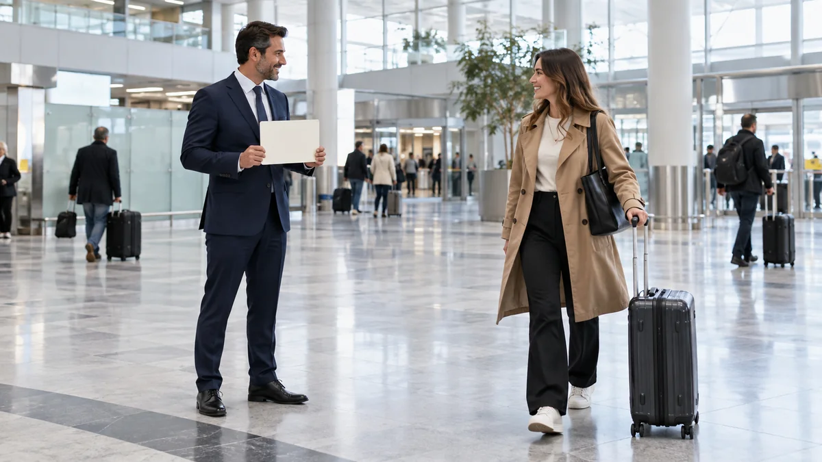 Illustration d’un chauffeur accueillant une voyageuse avec une pancarte dans un hall d’arrivée