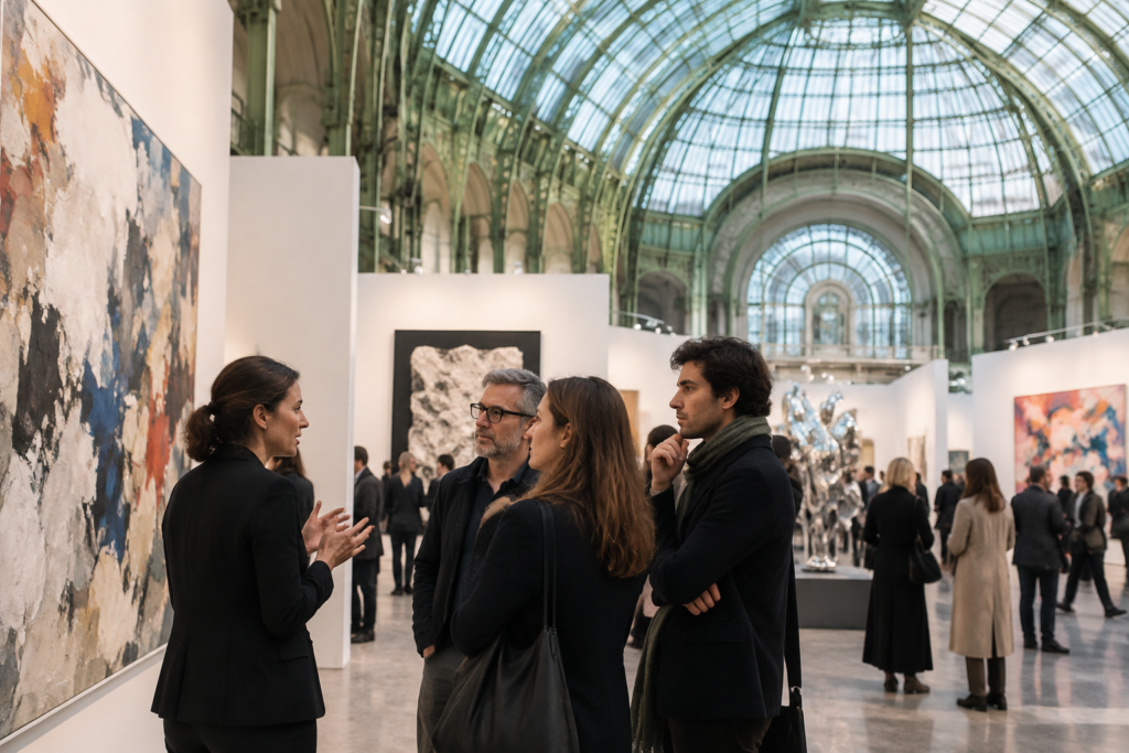 Des visiteurs discutent devant des œuvres dans la nef vitrée du Grand Palais.
