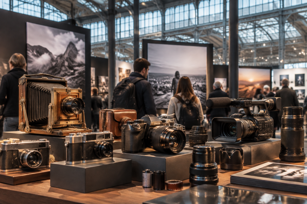 Des appareils photo de différentes époques et une caméra vidéo sont présentés sur des tables, devant des visiteurs et des photographies exposées.