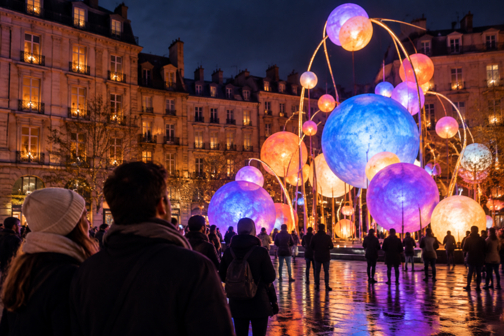 Des sphères lumineuses colorées illuminent une place bordée de façades anciennes, tandis que des visiteurs les contemplent.