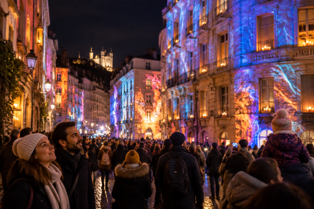 Des visiteurs déambulent dans une rue de nuit bordée de façades aux projections lumineuses colorées.